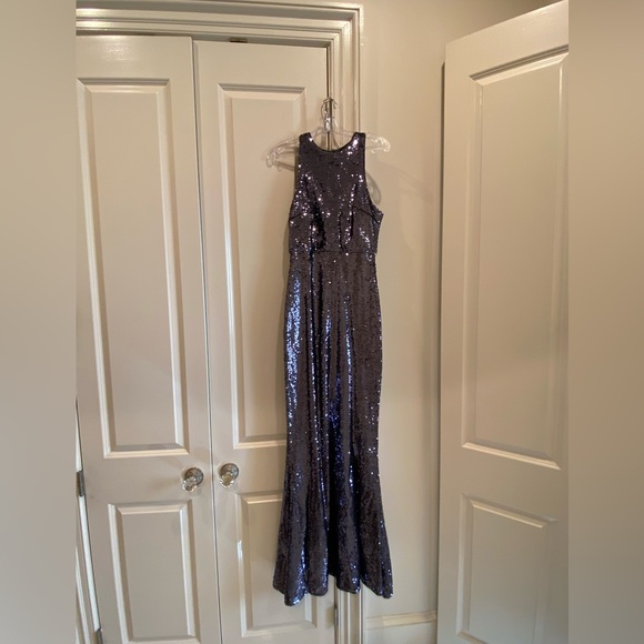 blue grey dress illusion Leely Women Satin Grey Blue Floral Embroidered Long Formal Dress with Slit Illusion Neck Short Sleeves Wedding Guest Dress